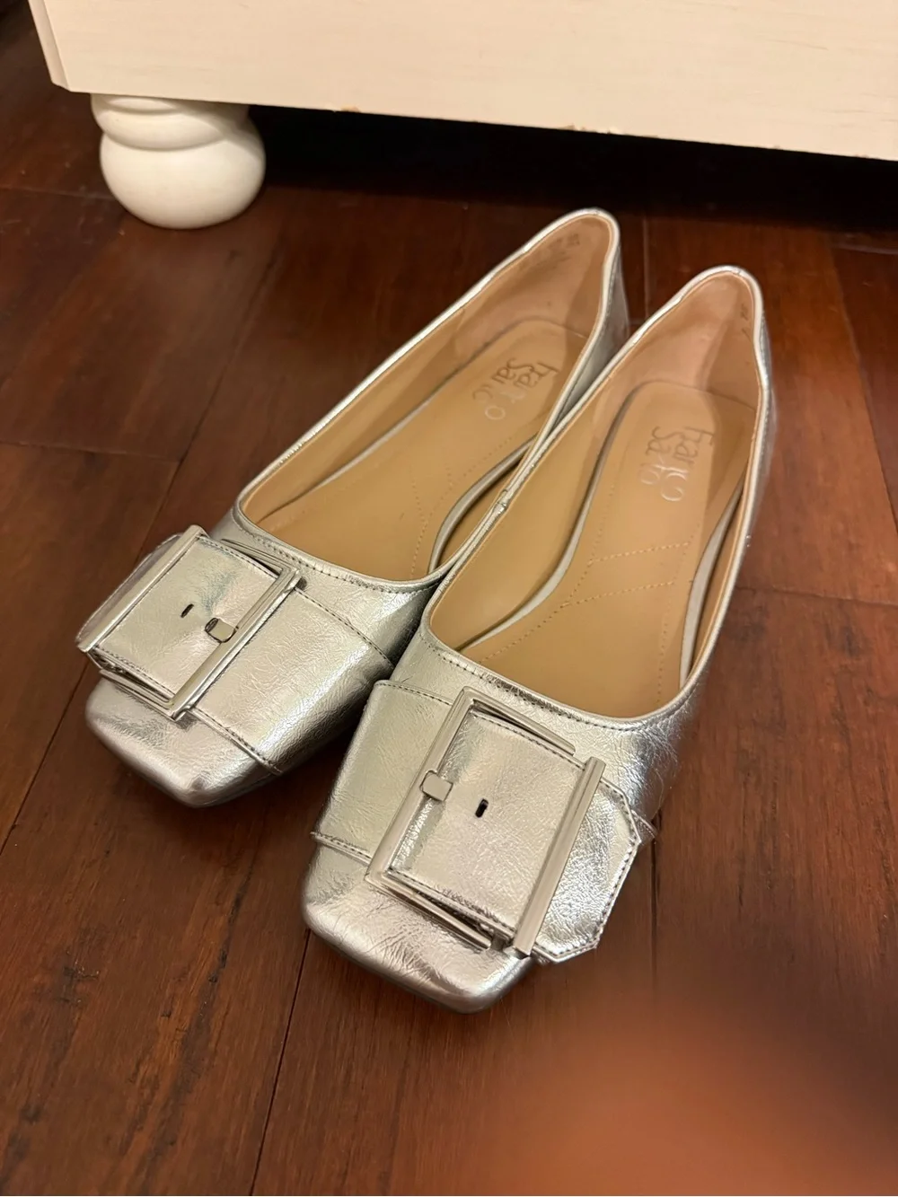 Metallic Silver Buckle Flats - Women